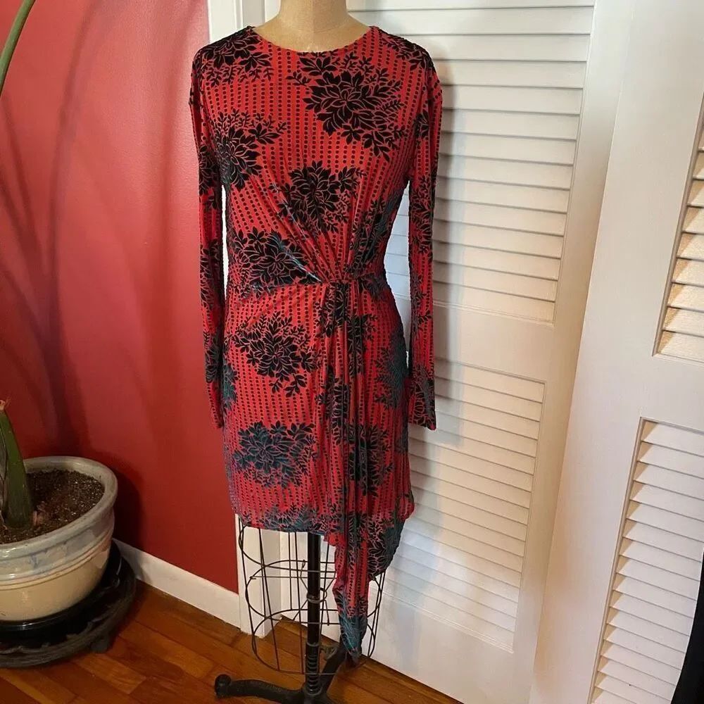 ZARA | red & teal long sleeve velvety floral dress S